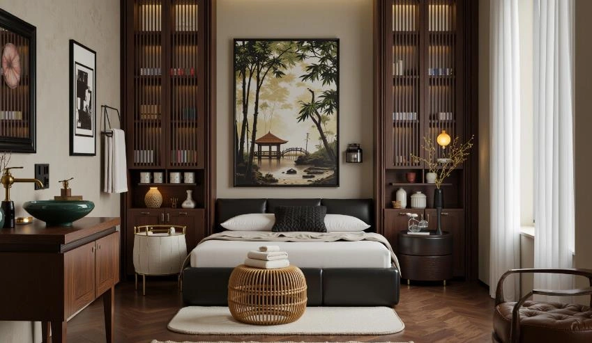 Maroon wallpaper and wood furniture creating warmth in a men’s apartment.