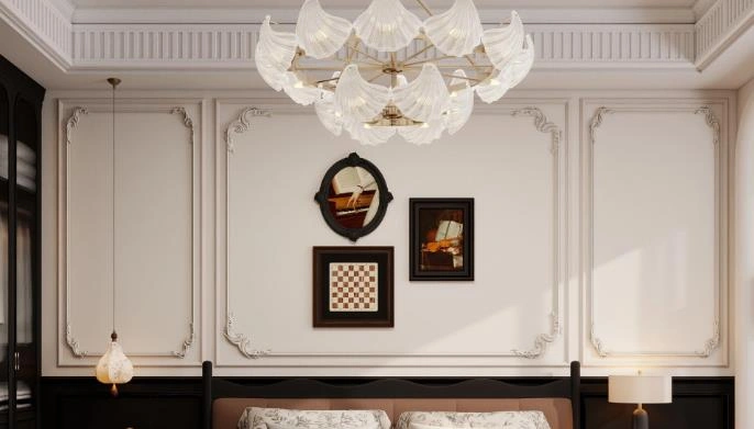 White embossed headboard feature wall divided into three sections.