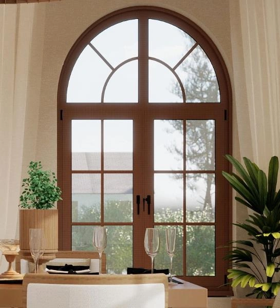 Curved wooden-frame arched windows in a small apartment.