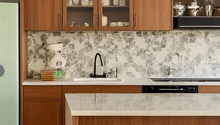 Tiny Kitchen Design Idea using white wallpaper with black botanical patterns paired with wooden cabinets.