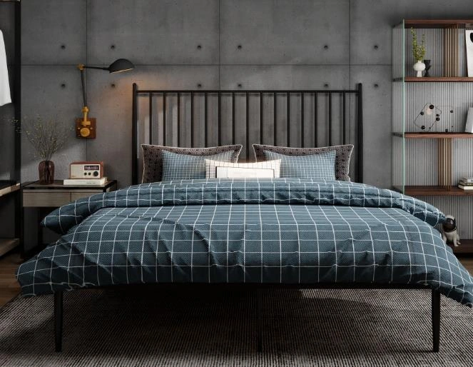 Small bedroom featuring a black metal frame bed with vertical rails and matching metal accents for a modern, rugged style.
