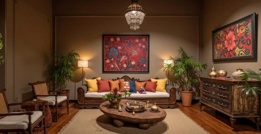 Wooden furniture and colorful cushions bring Southeast Asian charm to the small living room.