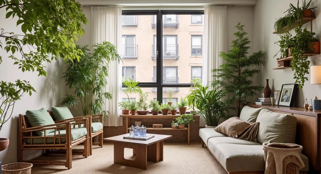 Various plants arranged on tables, corners, and wall shelves in a small apartment.