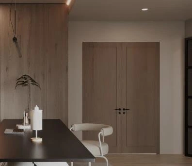 home office images with elegant double wooden doors and warm wooden tones