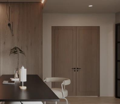 home office images with elegant double wooden doors and warm wooden tones