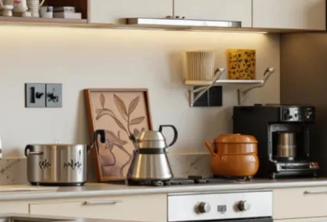 Tiny kitchen styling with a wooden-framed botanical artwork placed among metal and ceramic kitchenware.