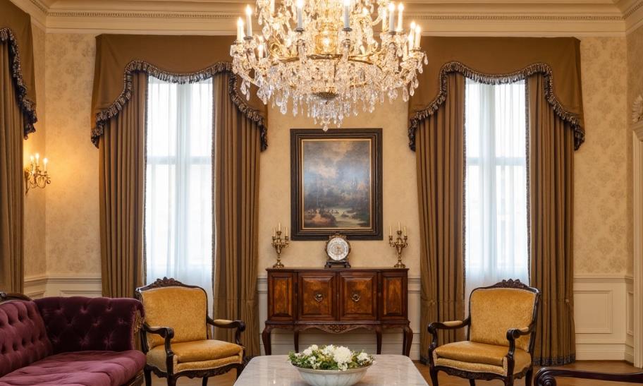 Yellow silk floor-to-ceiling curtains with tassels bring luxury to the living room décor.