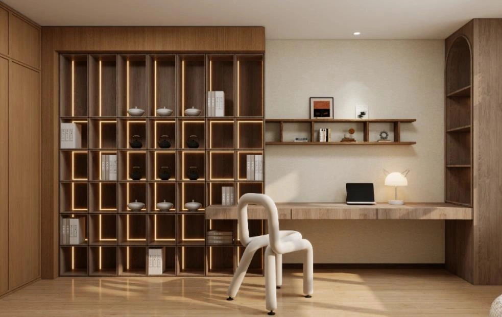 home office images showing wall-mounted desk and minimalist modern design