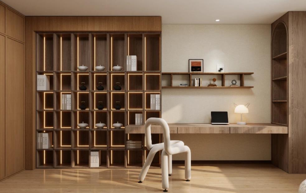 home office images showing wall-mounted desk and minimalist modern design