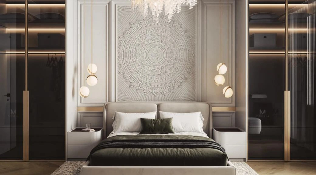 Modern apartment bedroom idea for women featuring a gray headboard, abstract art, and gold-accented lighting.