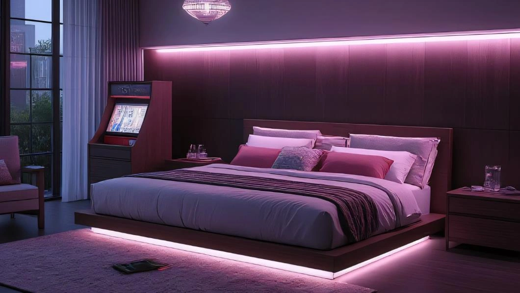 Pink fluorescent strip lighting used in a small apartment gaming-style bedroom.