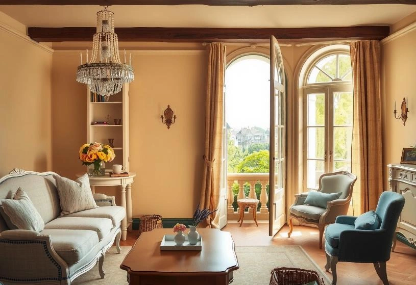 Wooden arched double doors with beige curtains add a charming entrance to the small living room.