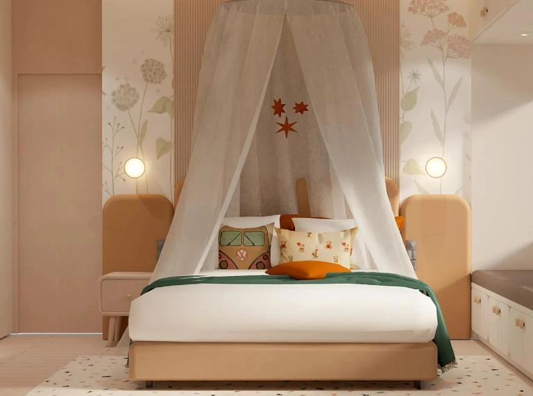 Bed canopy hanging from the ceiling in a kids&rsquo; room.