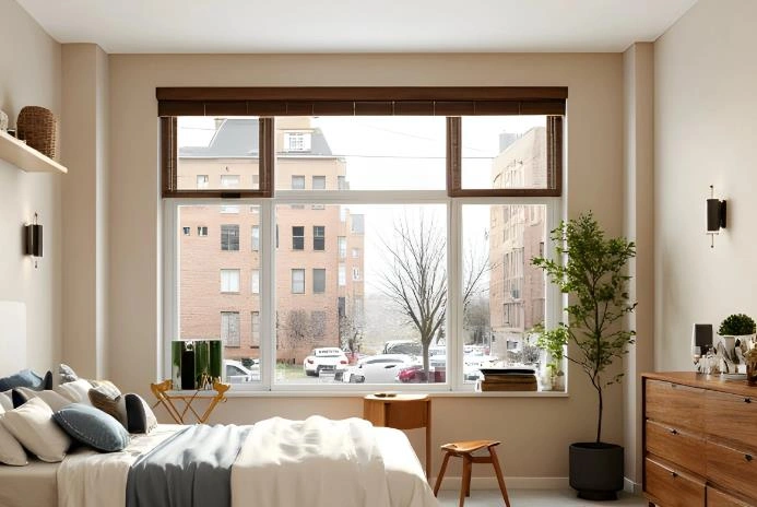 Alt: Short brown roller blinds provide a clean modern look in a guy’s bedroom.