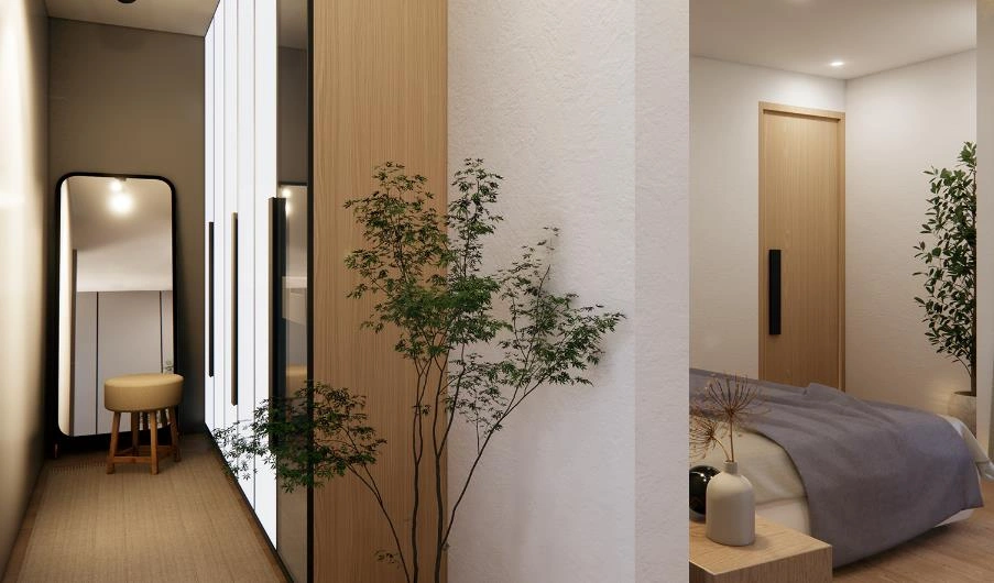 Minimalist bedroom idea for women with wood&ndash;glass wardrobe, clean lines, and soft gray bedding.