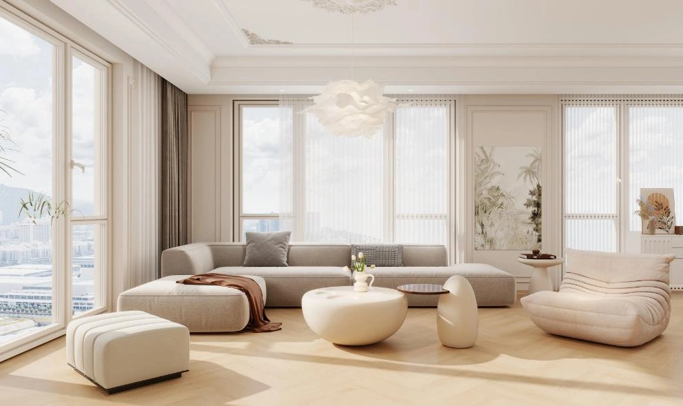 Cream L-shaped sofa and minimalist d&eacute;cor create a soft and elegant look in the small living room.