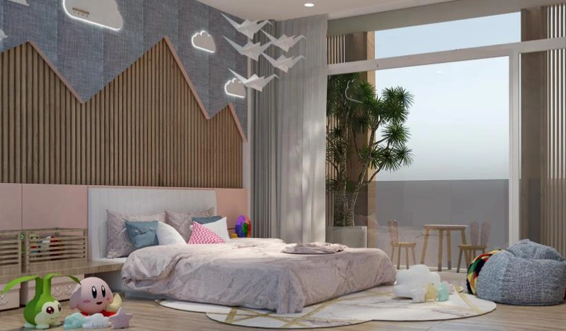 Paper cranes hanging from the ceiling in a children&rsquo;s bedroom.