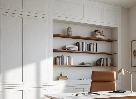 home office images of renovated corner with fresh white cabinetry and practical layout