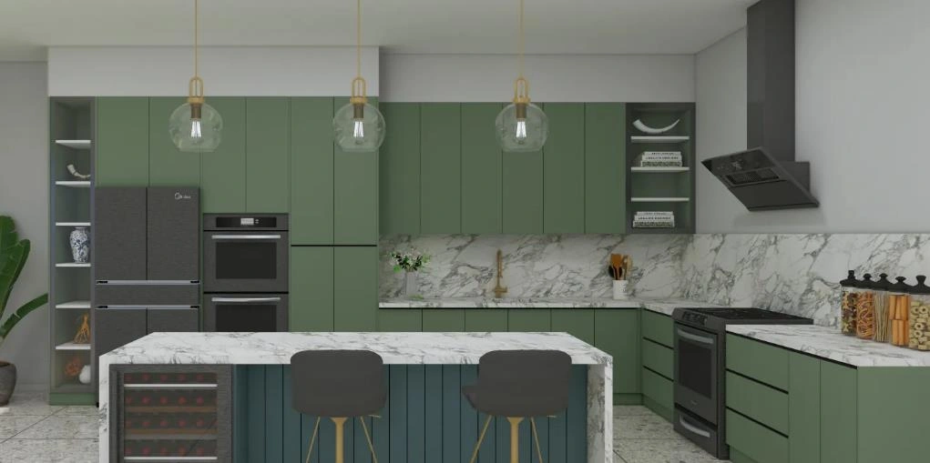 Tiny kitchen design featuring bold green painted cabinets paired with marble countertops.