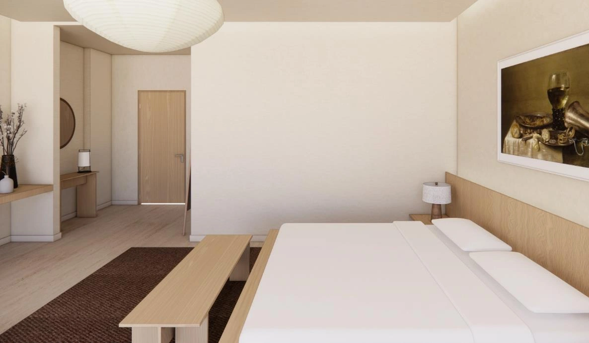 Minimal small bedroom with pure white walls, wooden headboard, and a framed artwork enhancing brightness and simplicity.