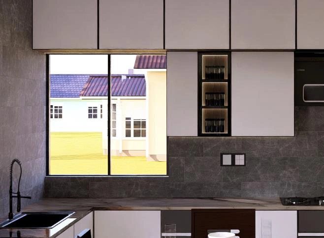Tiny kitchen idea with a two-pane window bringing abundant natural light and outdoor views.