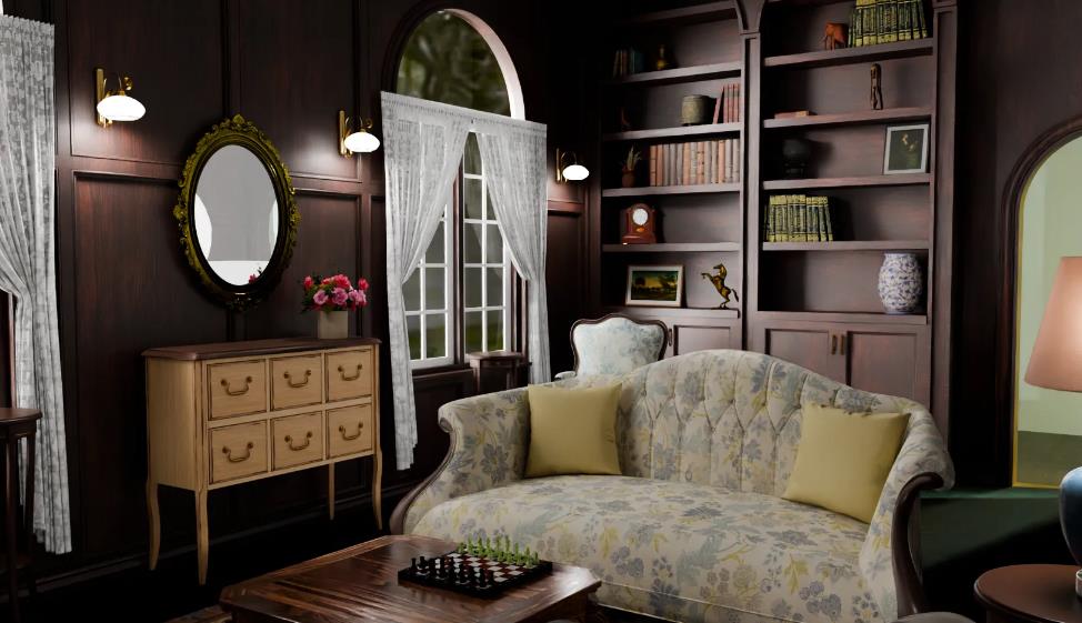 luxury home office images with floral sofa and vintage wooden bookshelf setup