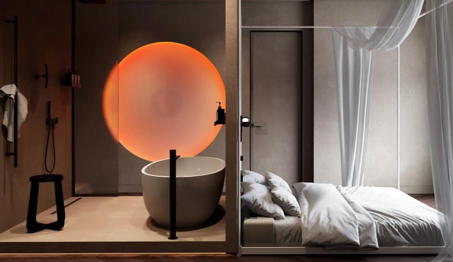 French romantic bedroom for women featuring sheer curtains, soft gray bedding, and warm sunset lighting.