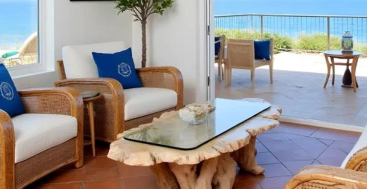 Glass-top coffee table with a tree-root base adds natural style to the small living room.