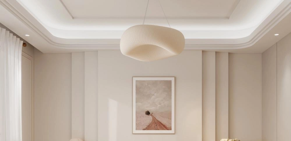 Cream-white curved false ceiling brings softness and sophistication.