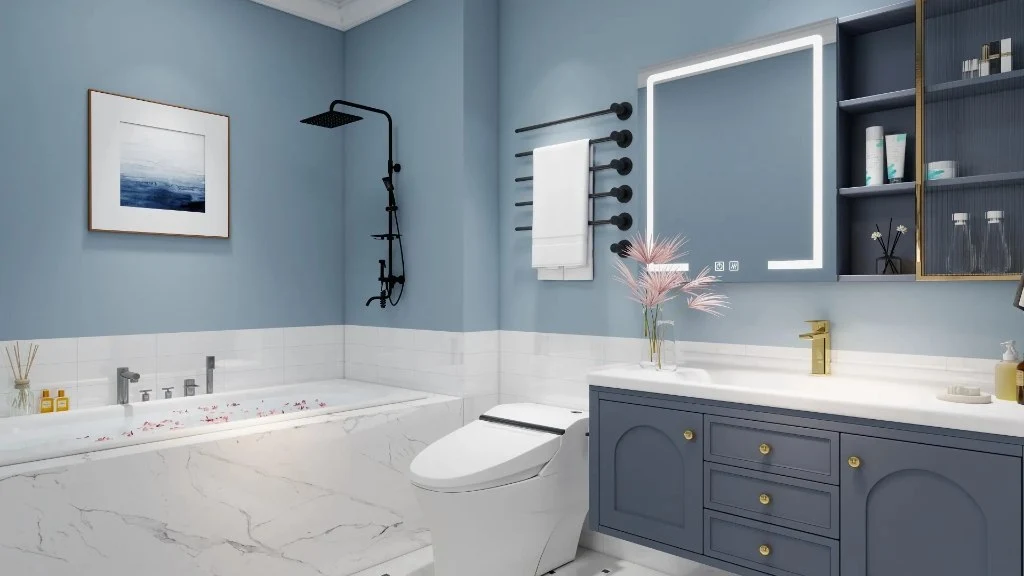 Vintage - Cozy Living Room With Warm Brown Leather Sofa And Arched Fireplace bathroom