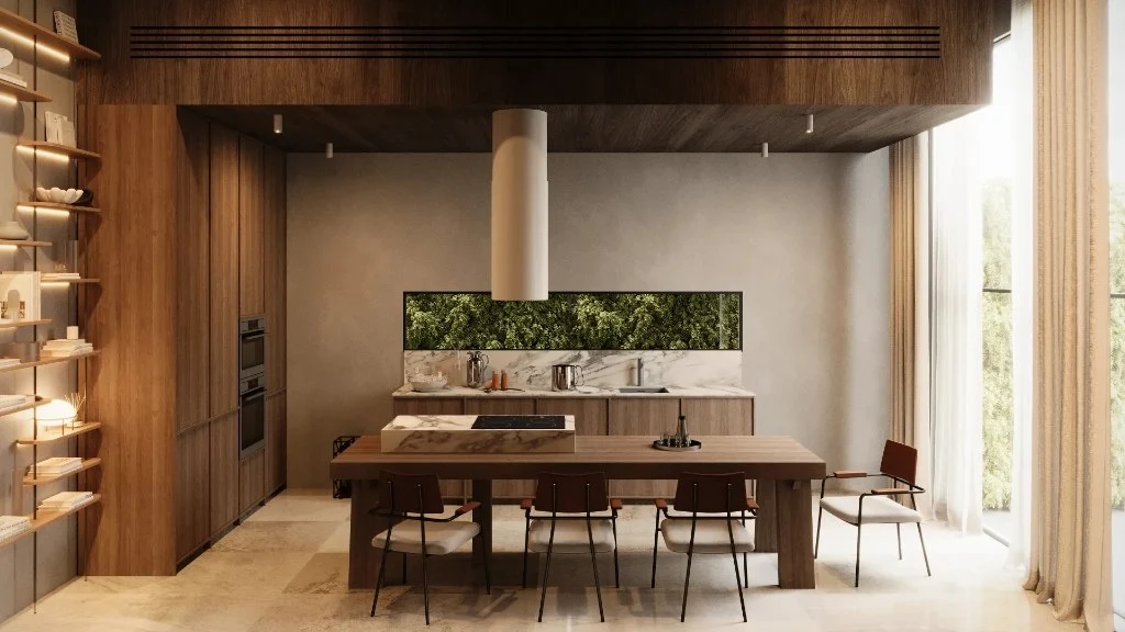 Timeless Modernism: A Harmony of Stone, Space, and Serenity dining-room