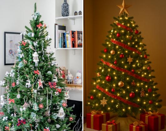 A Christmas tree with a red, green, and gold color scheme