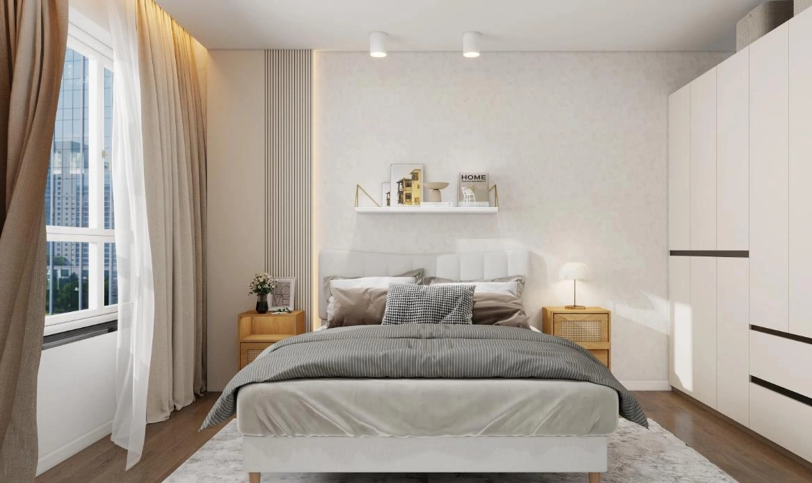 A gray modern master bedroom with striped bedding and white wardrobes