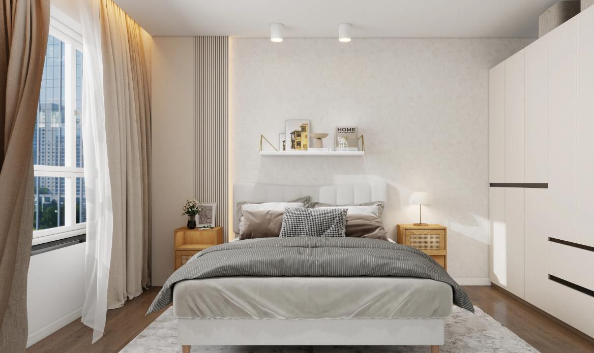 A gray modern master bedroom with striped bedding and white wardrobes