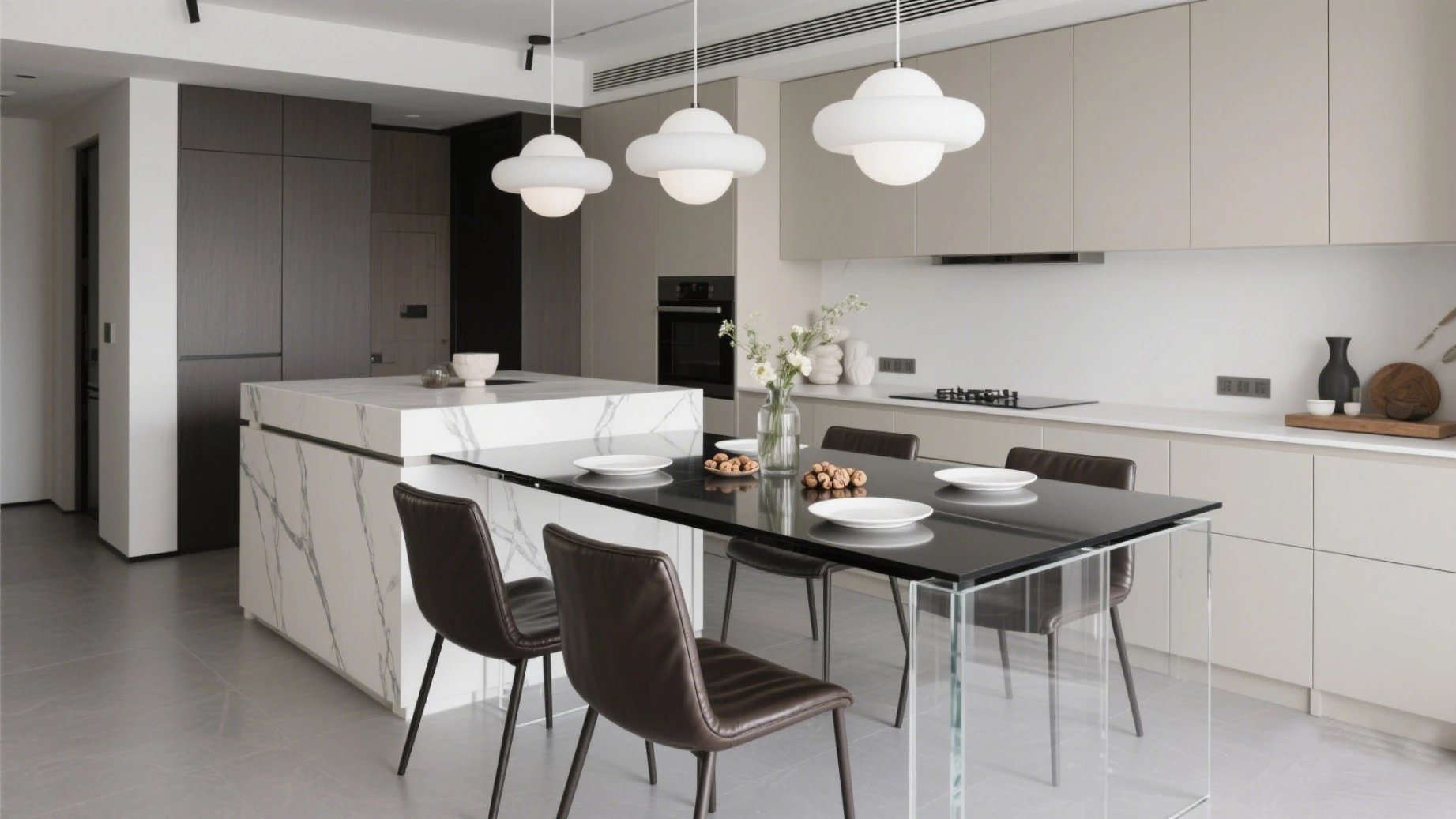 Island dining table with glass and marble