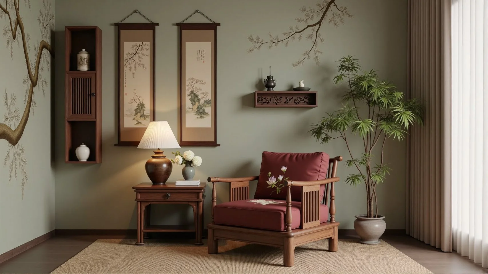 Elegant chinoiserie reading corner with antique accents