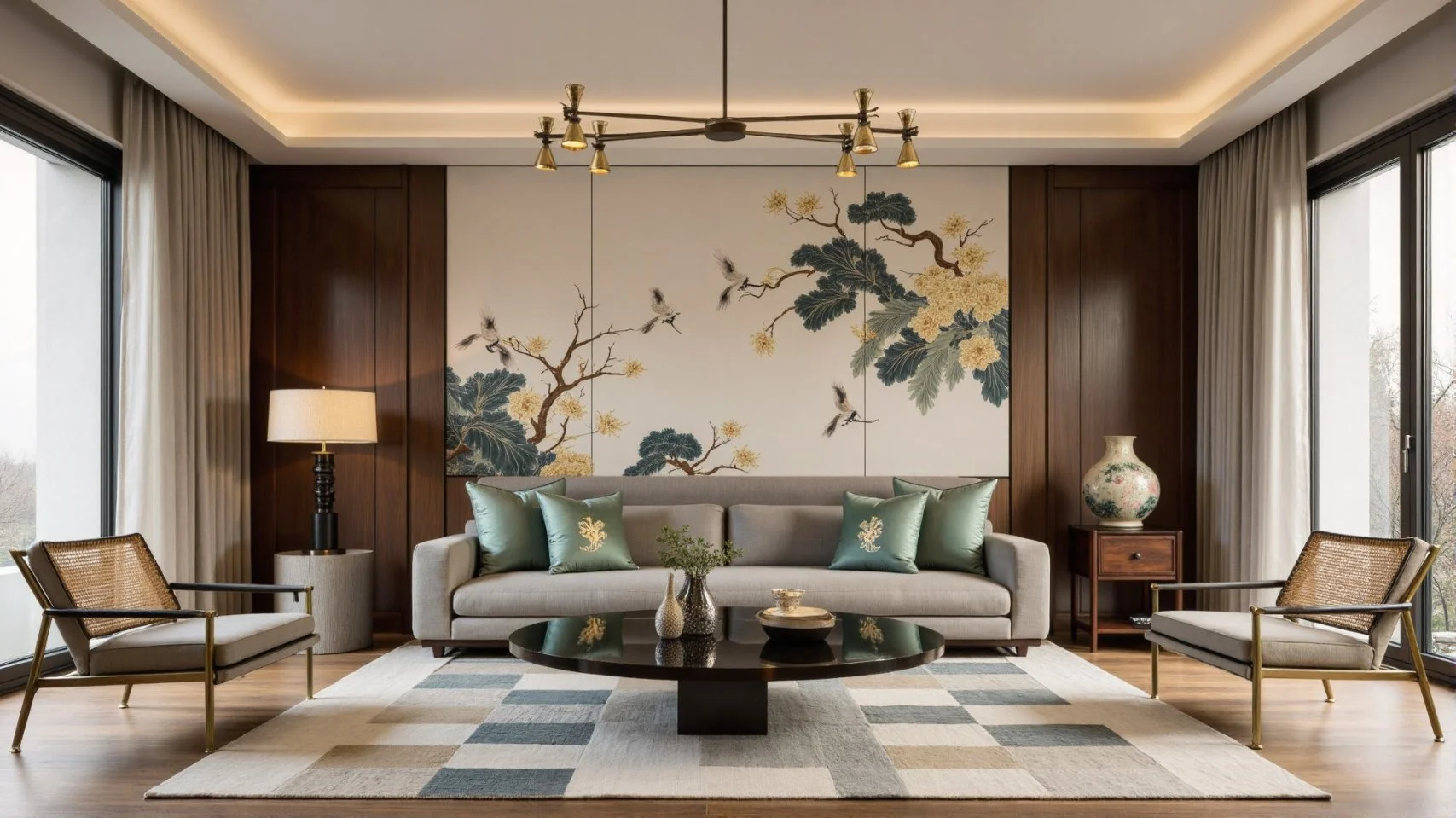 Chinoiserie living room with modern furniture blend