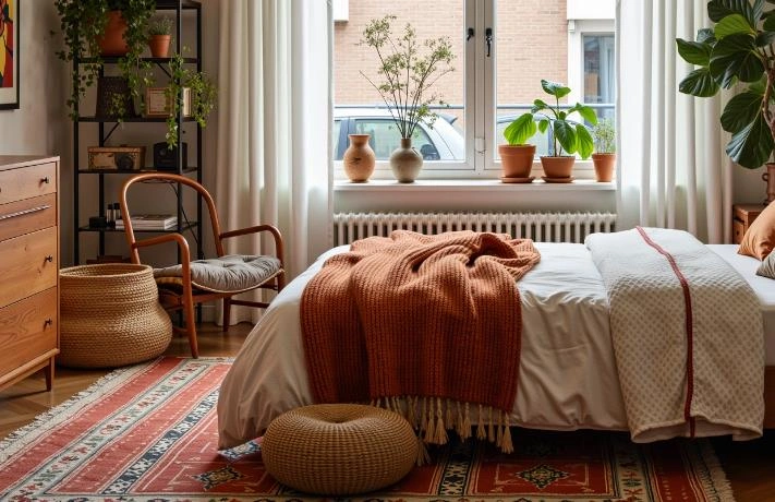 A farmhouse bedroom decorated with a red ethnic-patterned rug