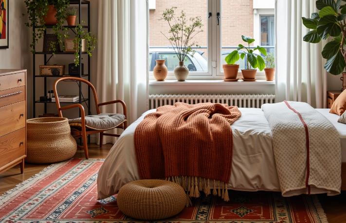 A farmhouse bedroom decorated with a red ethnic-patterned rug