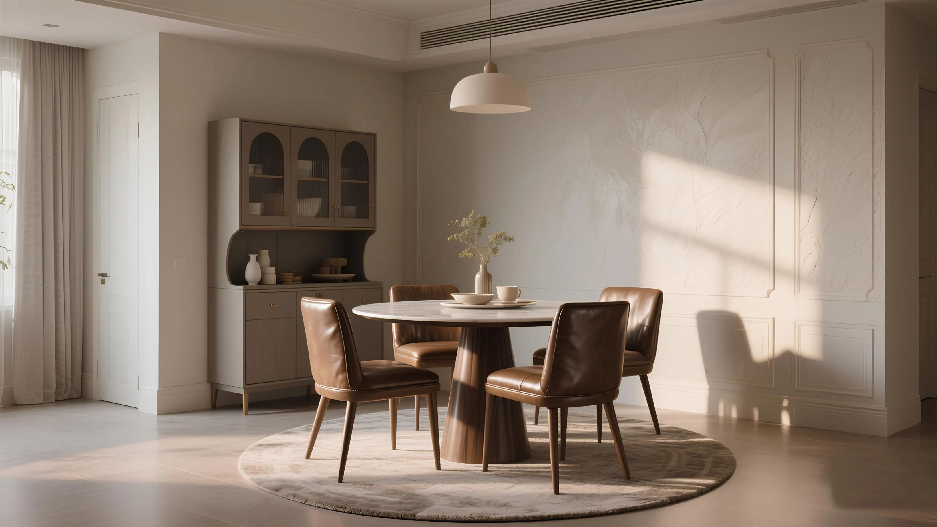 The walls have textured painted dining room