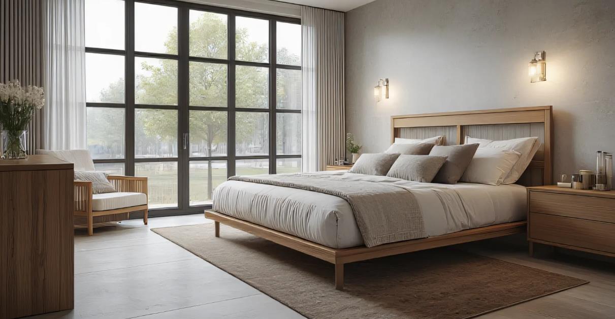 A spacious master bedroom with large windows and a king-size bed