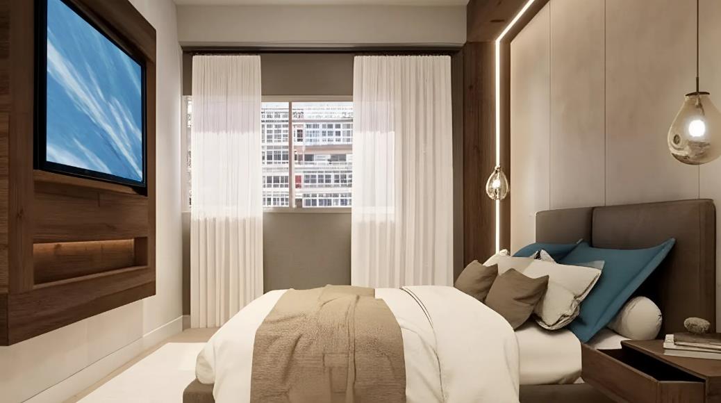 A tiny minimalist master bedroom with a wall-mounted TV and embedded lighting