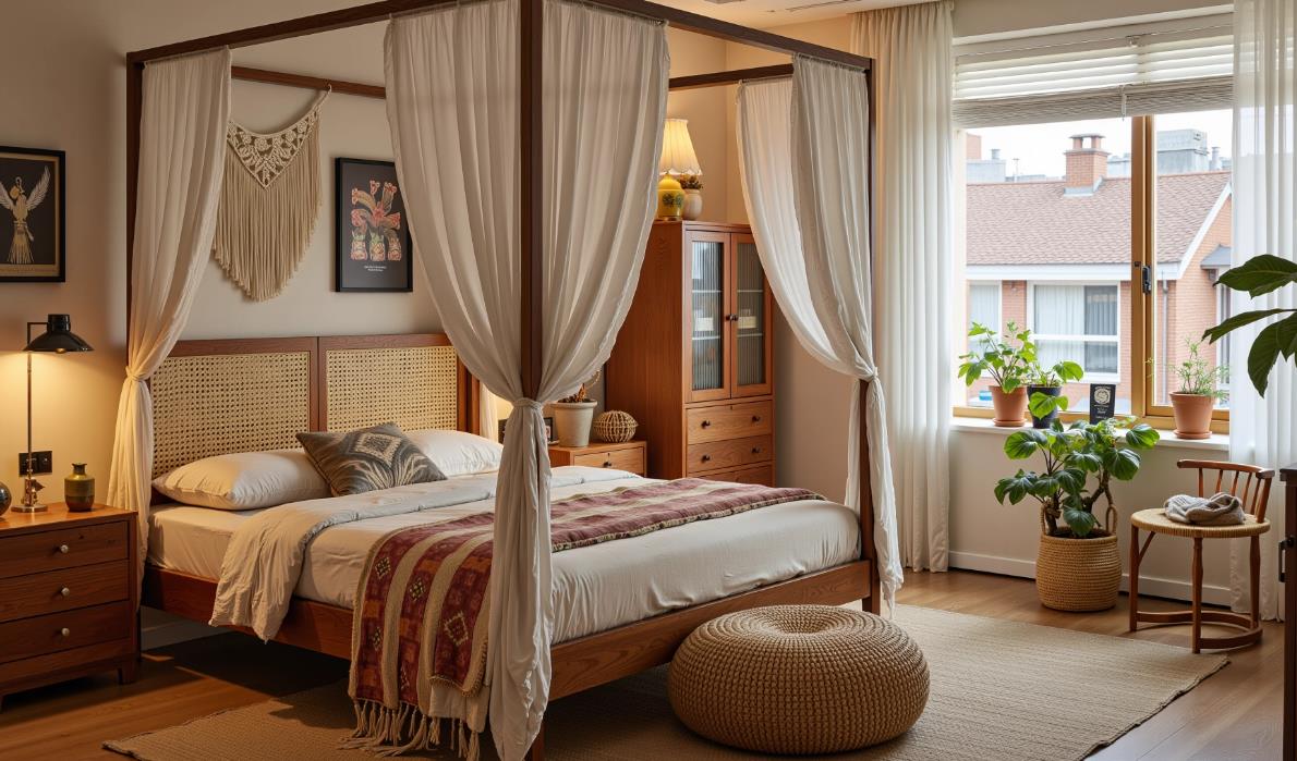 A country-style bedroom with a four-poster bed and beige canopy drapes