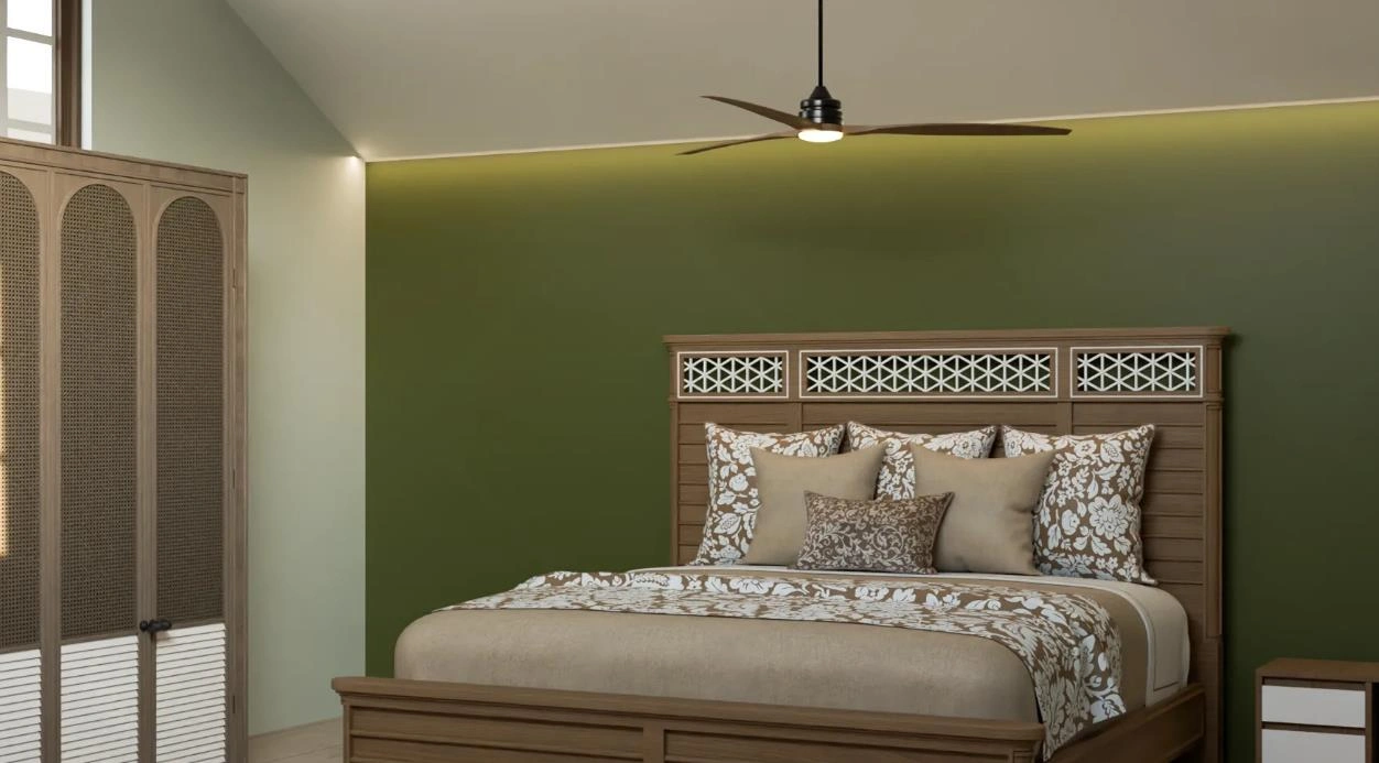 A Nordic-style master bedroom with green walls and wooden ceiling fans