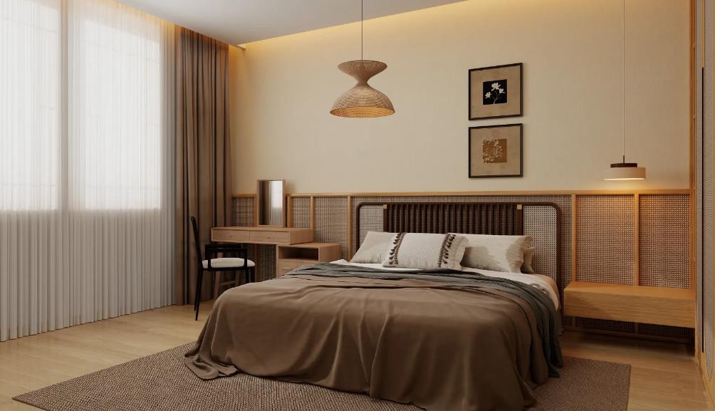 A budget-friendly beige bedroom with classic wall art and a black-painted chair