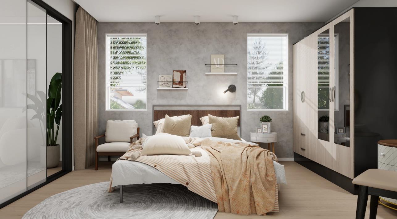 A cozy beige master bedroom with light bedding and a soft neutral palette.