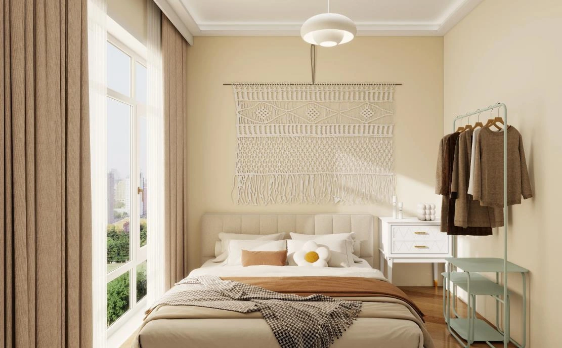 A romantic master bedroom with yellow walls, brown d&eacute;cor, and smart curtain controls