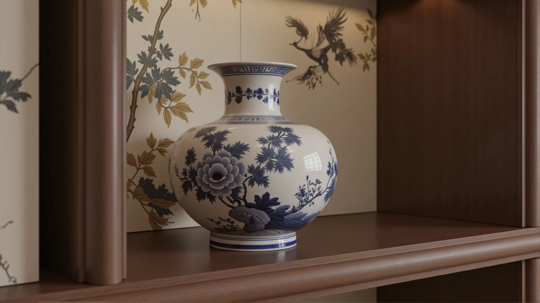 Blue and white porcelain chinoiserie vase on display