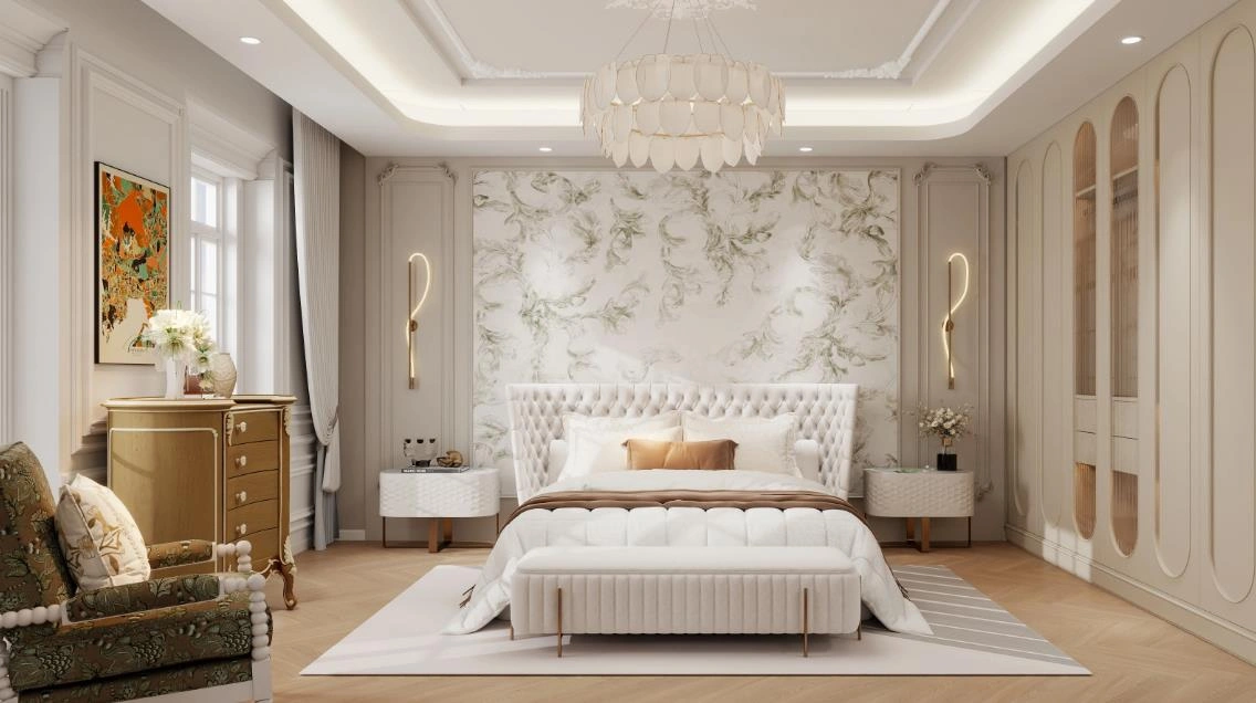 A gorgeous luxury bedroom with a multi-tier chandelier and floral-patterned d&eacute;cor