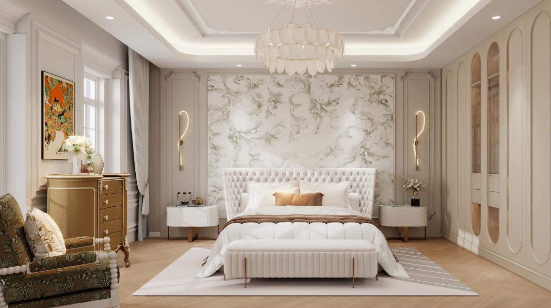 A gorgeous luxury bedroom with a multi-tier chandelier and floral-patterned d&eacute;cor